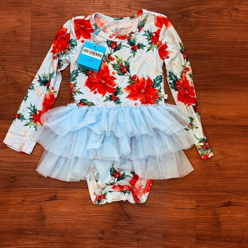 Posh Peanut Winter Lily Poinsettia Long Sleeve Bodysuit Dress with Tulle